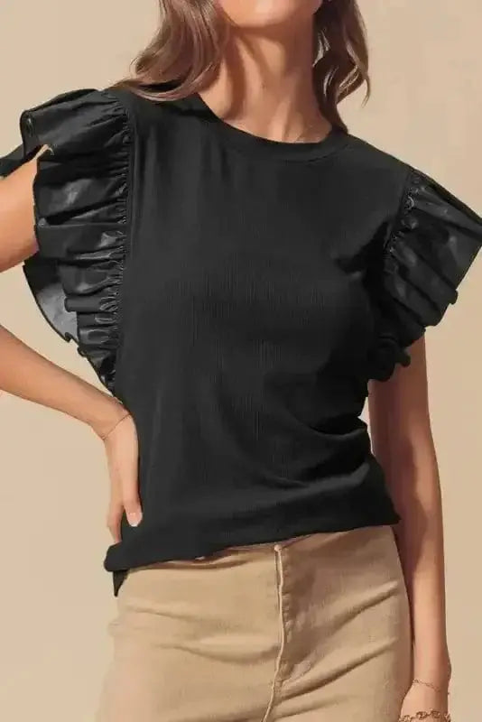 Faux Leather Ruffle Sleeve Blouse Women UK