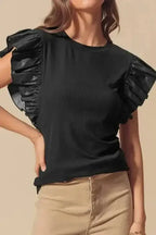 Faux Leather Ruffle Sleeve Blouse Women UK