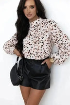Leopard Print Mock Neck Puff Sleeve Pleated Blouse Women UK