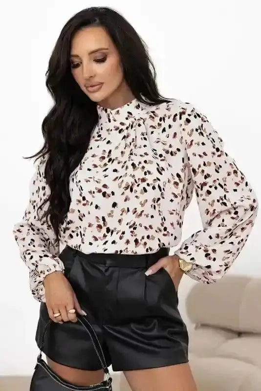 Leopard Print Mock Neck Puff Sleeve Pleated Blouse Women UK