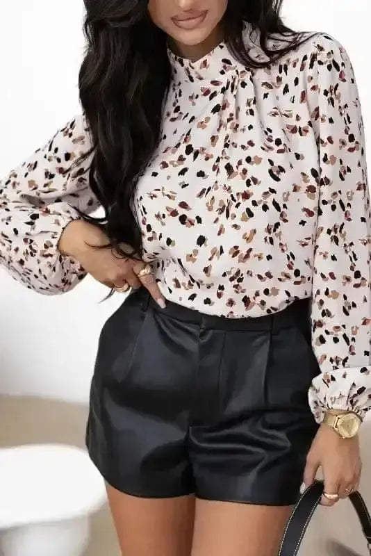 Leopard Print Mock Neck Puff Sleeve Pleated Blouse Women UK
