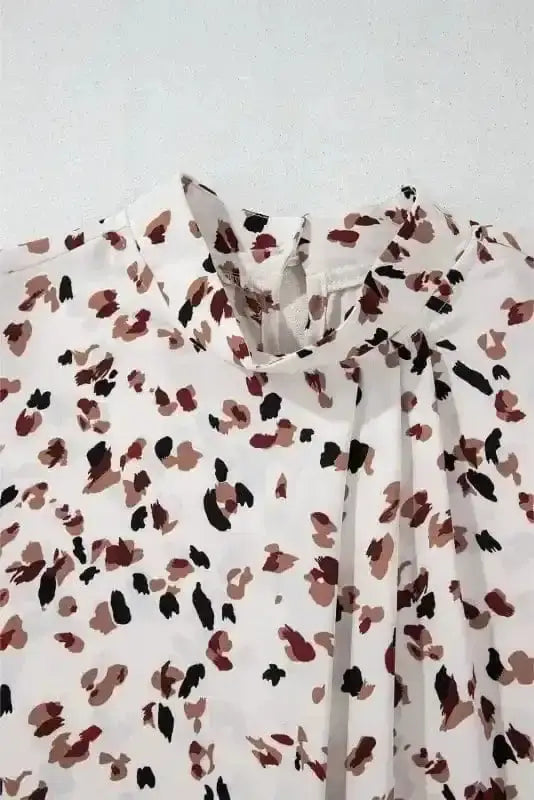 Leopard Print Mock Neck Puff Sleeve Pleated Blouse Women UK
