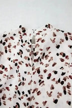 Leopard Print Mock Neck Puff Sleeve Pleated Blouse Women UK