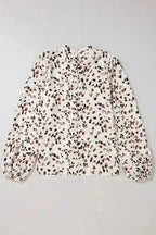 Leopard Print Mock Neck Puff Sleeve Pleated Blouse Women UK