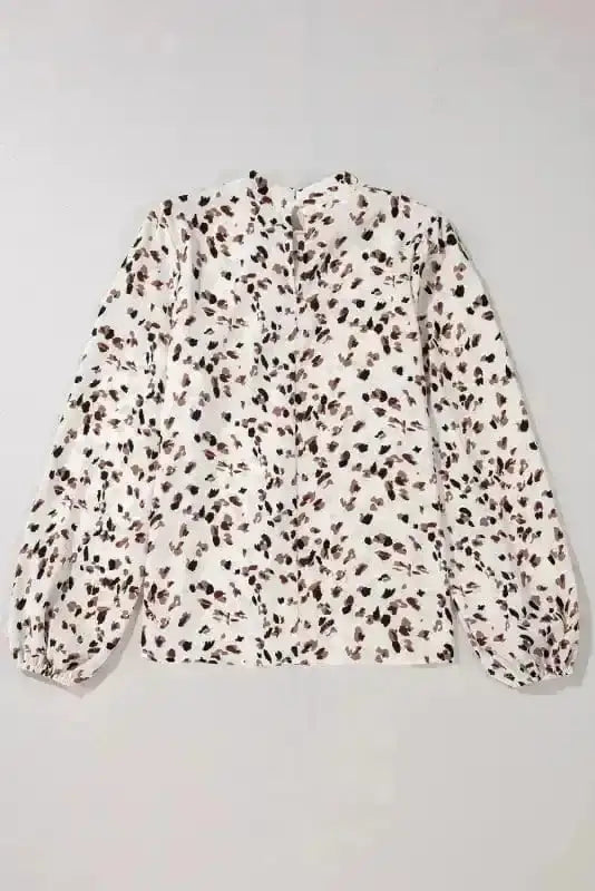 Leopard Print Mock Neck Puff Sleeve Pleated Blouse Women UK
