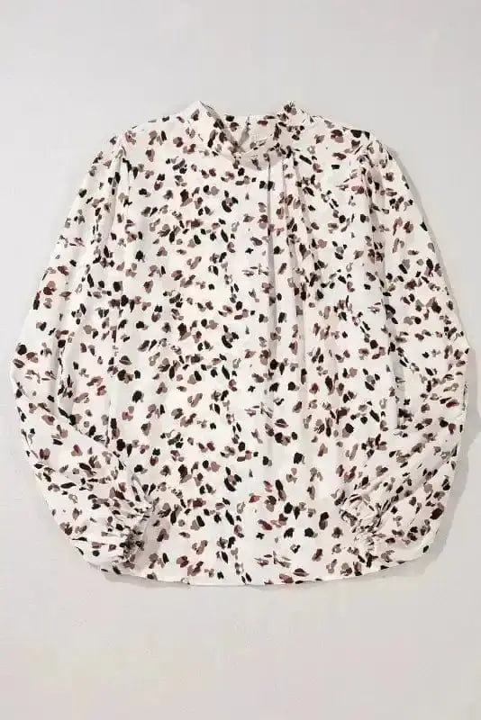 Leopard Print Mock Neck Puff Sleeve Pleated Blouse Women UK