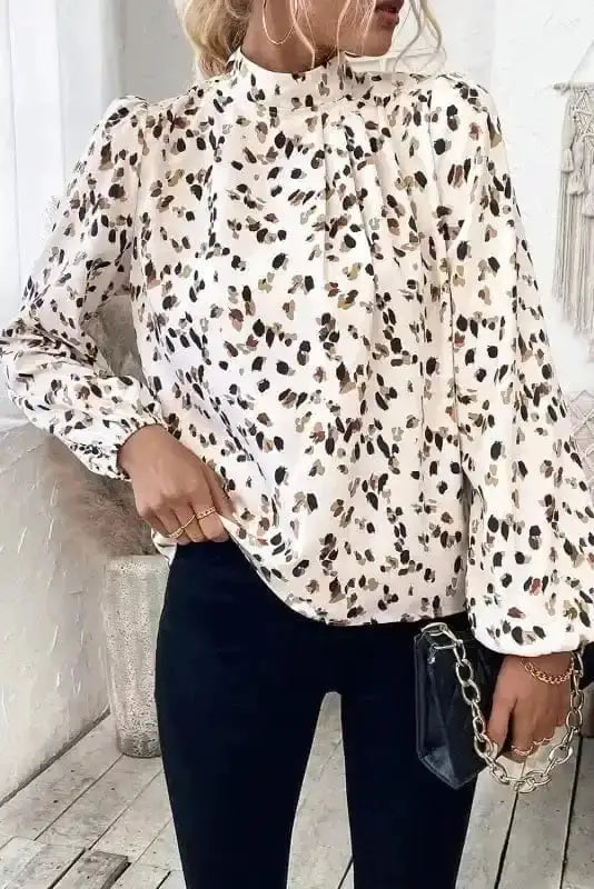 Leopard Print Mock Neck Puff Sleeve Pleated Blouse Women UK