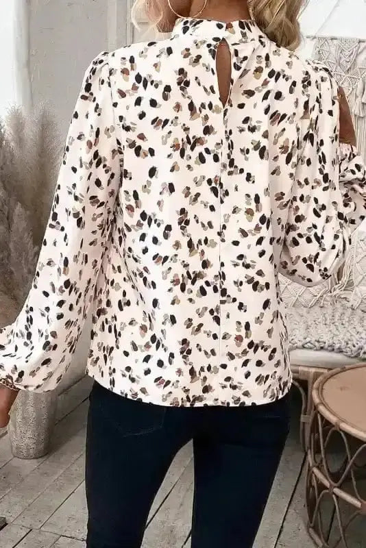 Leopard Print Mock Neck Puff Sleeve Pleated Blouse Women UK