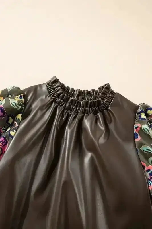 Faux Leather Bubble Sleeve Frilled Collar Blouse Women UK