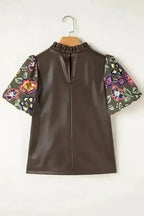 Faux Leather Bubble Sleeve Frilled Collar Blouse Women UK