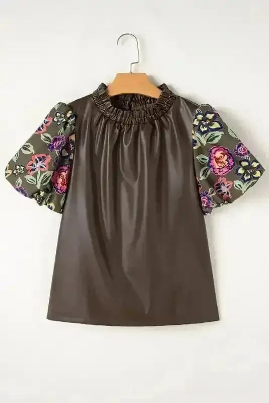 Faux Leather Bubble Sleeve Frilled Collar Blouse Women UK