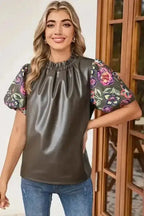 Faux Leather Bubble Sleeve Frilled Collar Blouse Women UK