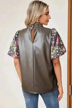 Faux Leather Bubble Sleeve Frilled Collar Blouse Women UK
