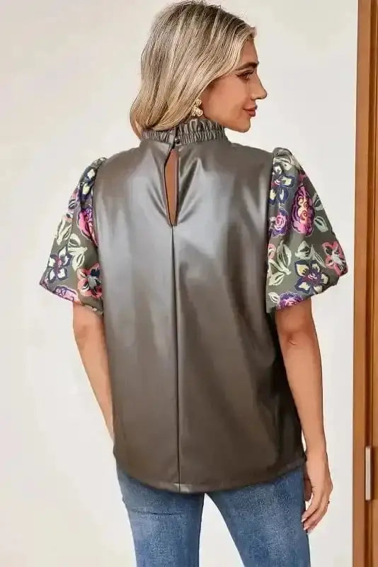 Faux Leather Bubble Sleeve Frilled Collar Blouse Women UK