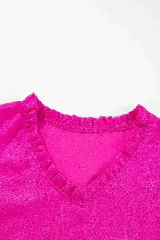 Pink Metallic Velvet Babydoll Puff Sleeve Blouse Women UK