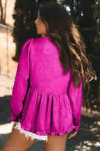Pink Metallic Velvet Babydoll Puff Sleeve Blouse Women UK