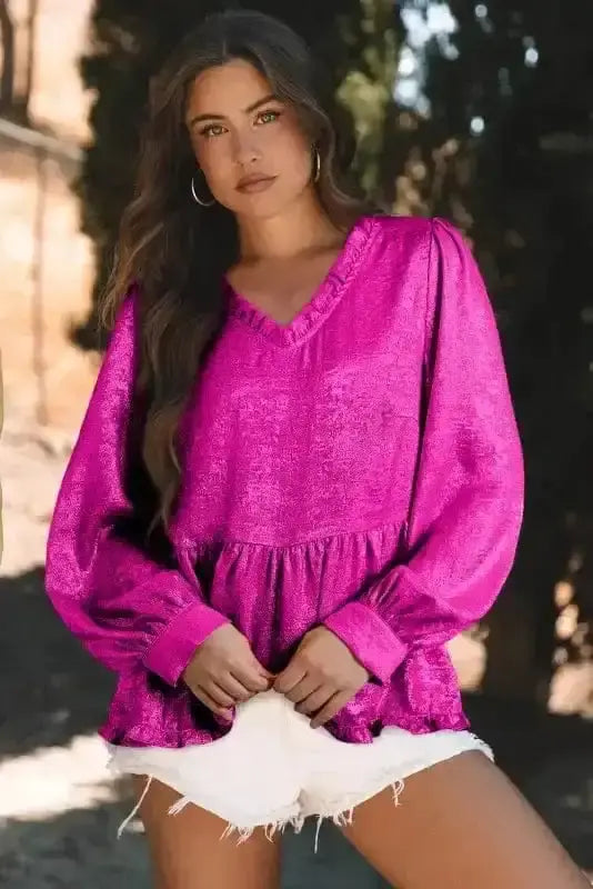 Pink Metallic Velvet Babydoll Puff Sleeve Blouse Women UK