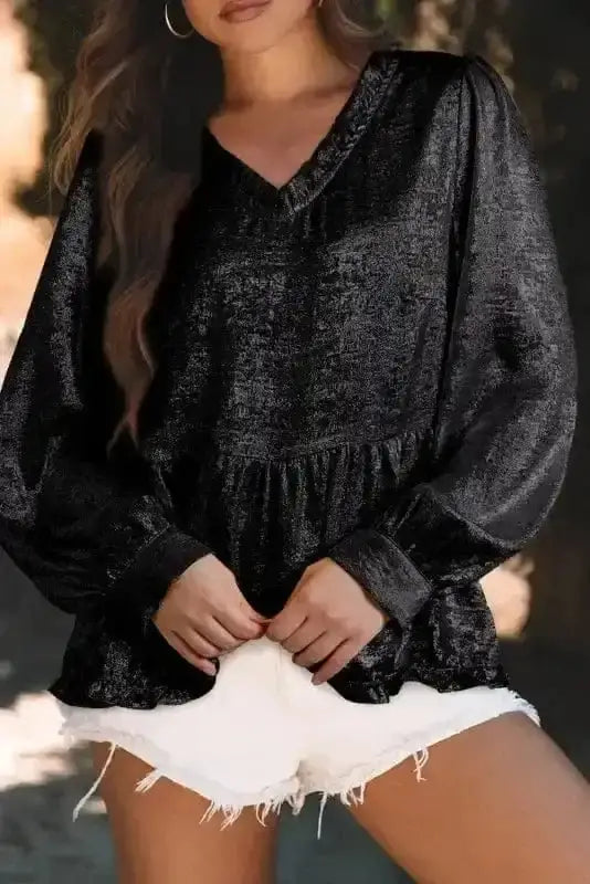 Metallic Velvet Babydoll Puff Sleeve Blouse Women UK | Glam