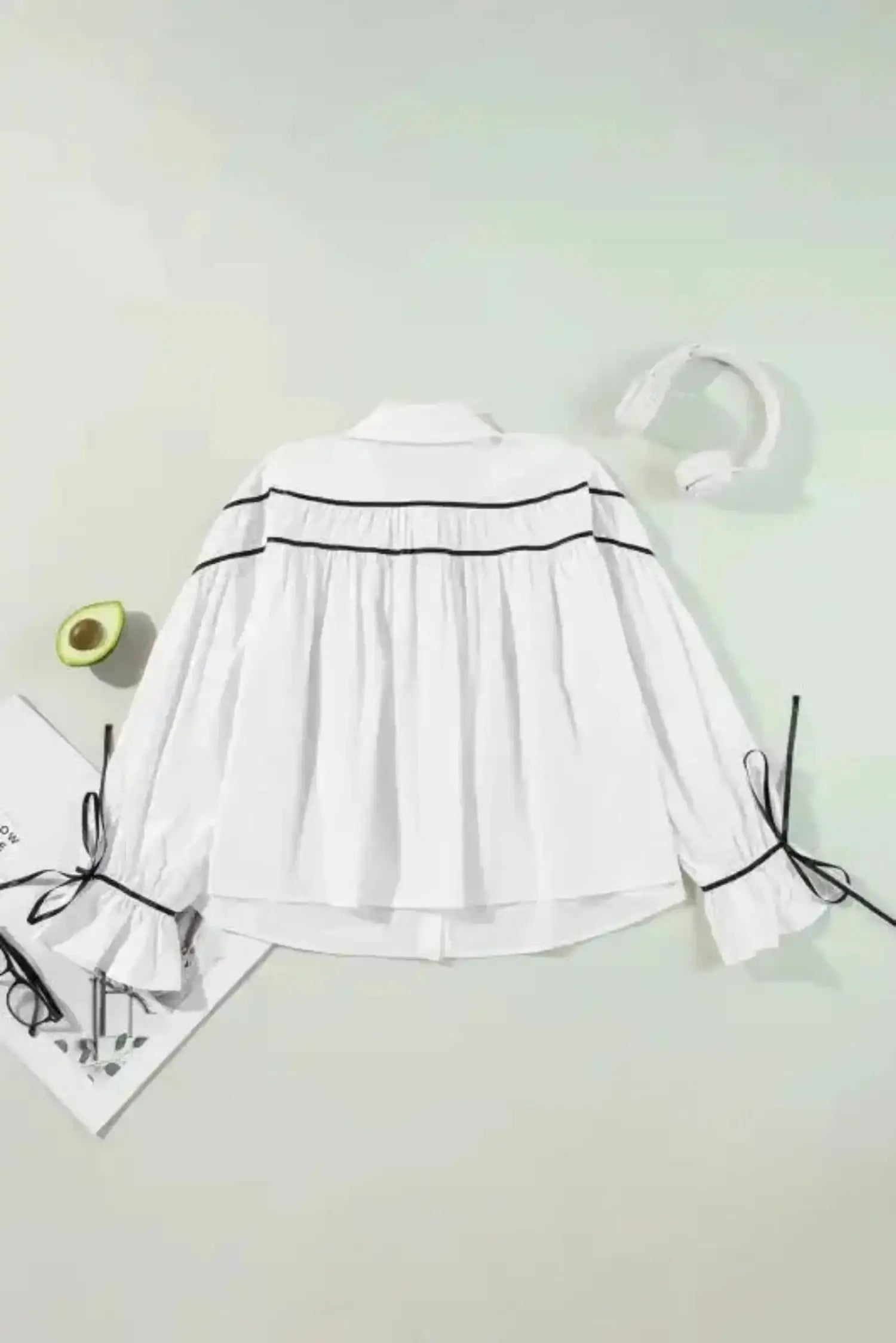 Monochrome Striped Bowtie Cotton Ruffle Blouse Women UK