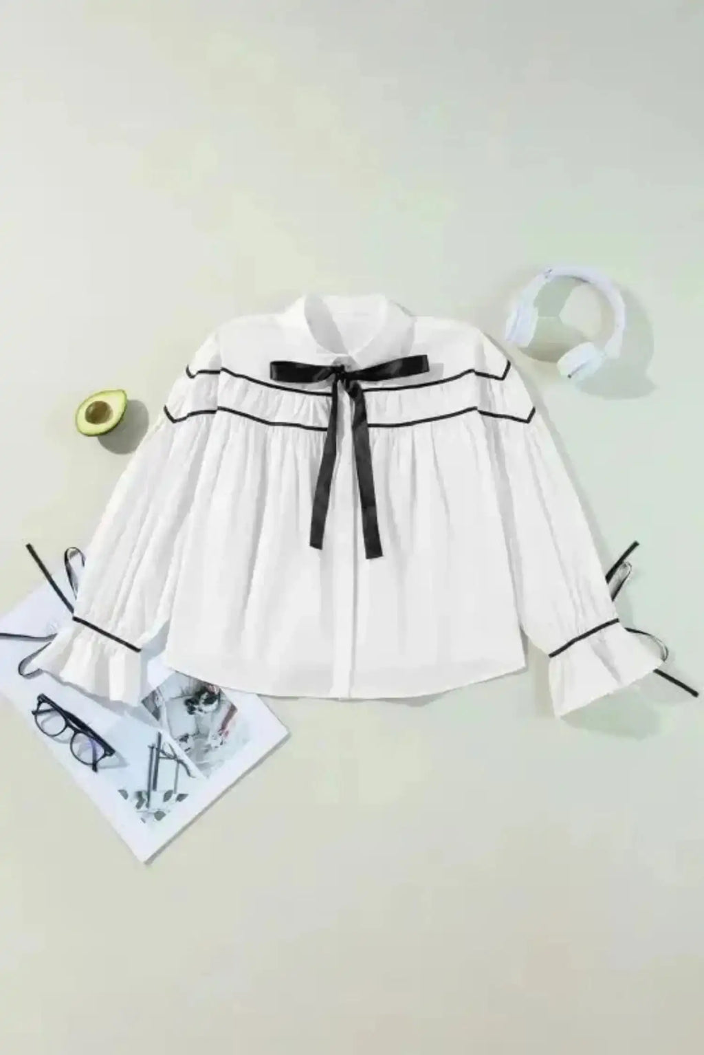 Monochrome Striped Bowtie Cotton Ruffle Blouse Women UK