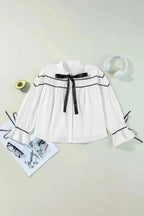 Monochrome Striped Bowtie Cotton Ruffle Blouse Women UK