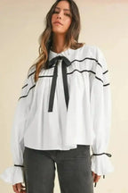 Monochrome Striped Bowtie Cotton Ruffle Blouse Women UK