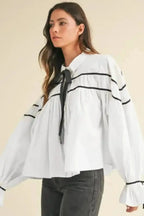 Monochrome Striped Bowtie Cotton Ruffle Blouse Women UK