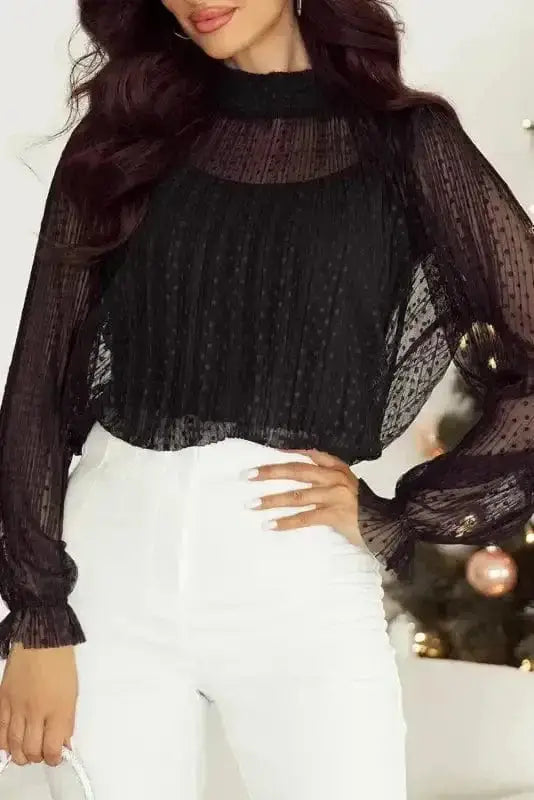 Black Polka Dot Lace Illusion Blouse Women UK | Elegant