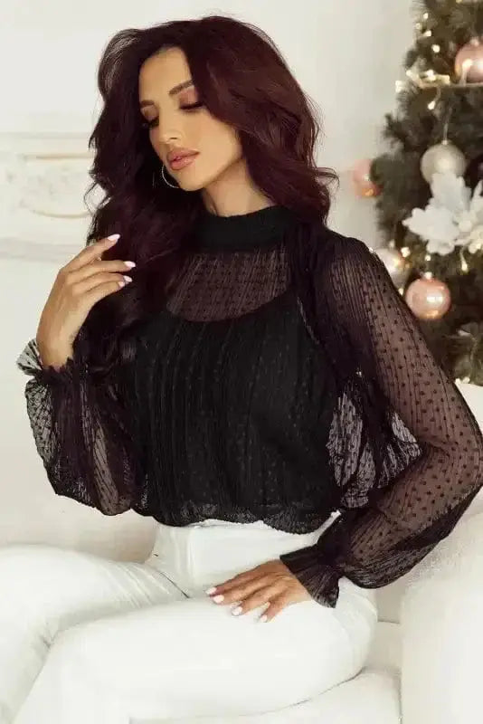 Black Polka Dot Lace Illusion Blouse Women UK | Elegant