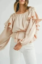 Elegant Ruffled Peplum Keyhole Back Blouse Women UK