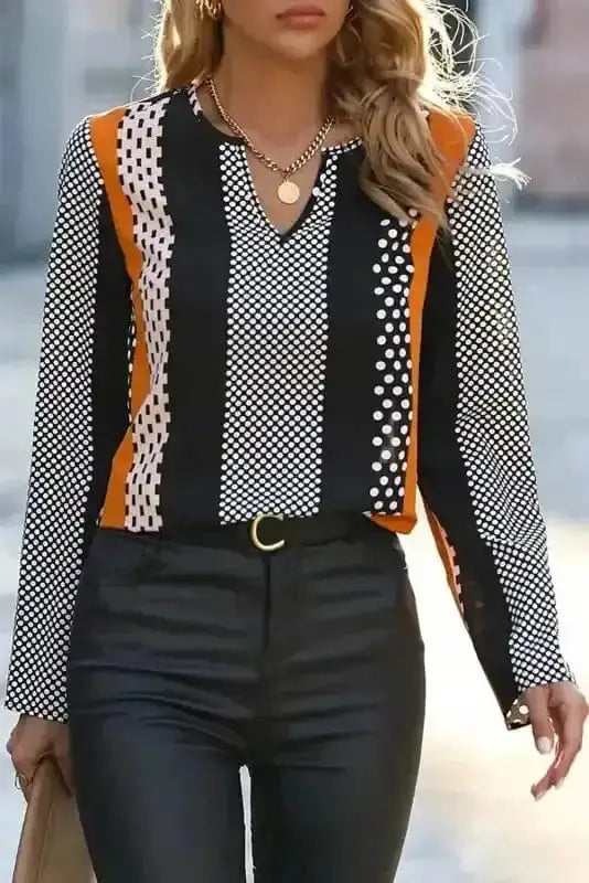 Geometric Colour Block Notch V-Neck Blouse Women UK | Modern
