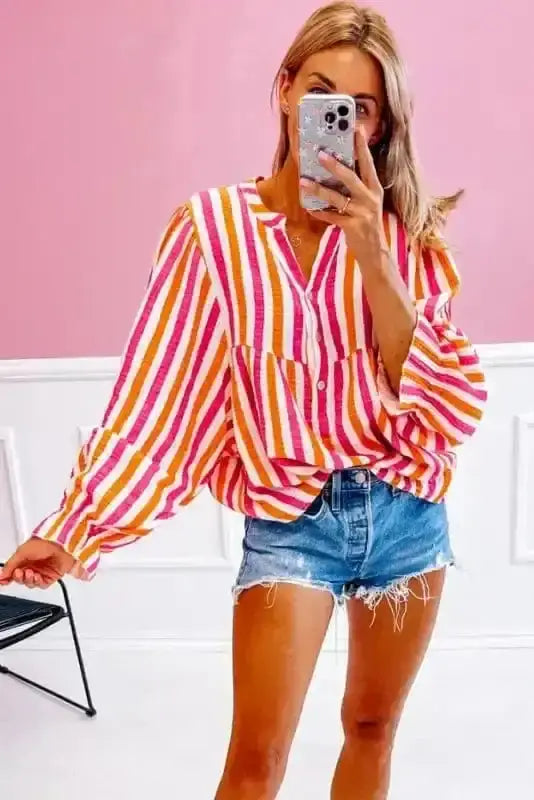 Striped Balloon Sleeve Textured Blouse Women UK | Summer