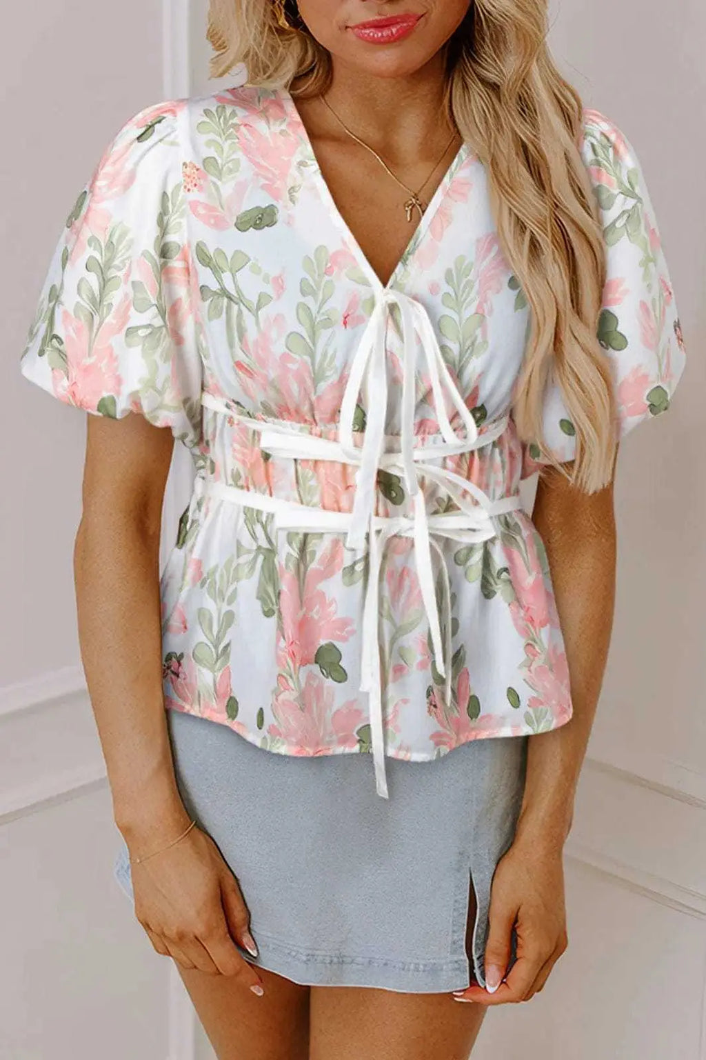 Floral Puff Sleeve Peplum Blouse Women UK