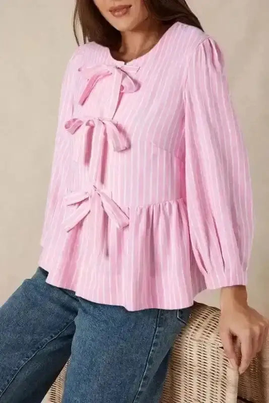 Pink Striped Puff Sleeve Ruffle Blouse Women UK | Spring