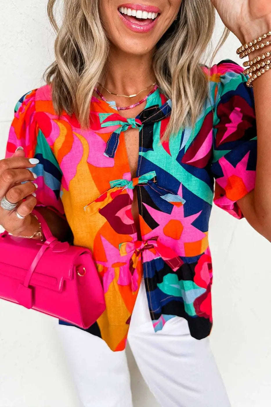 Red Abstract Floral Puff Sleeve Peplum Blouse Women UK