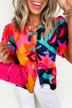 Red Abstract Floral Puff Sleeve Peplum Blouse Women UK