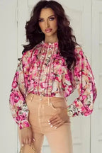 Pink Floral Ruffle Accent Flowy Blouse Women UK | Spring