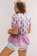Rose Floral Patchwork V-Neck Peplum Blouse Women UK