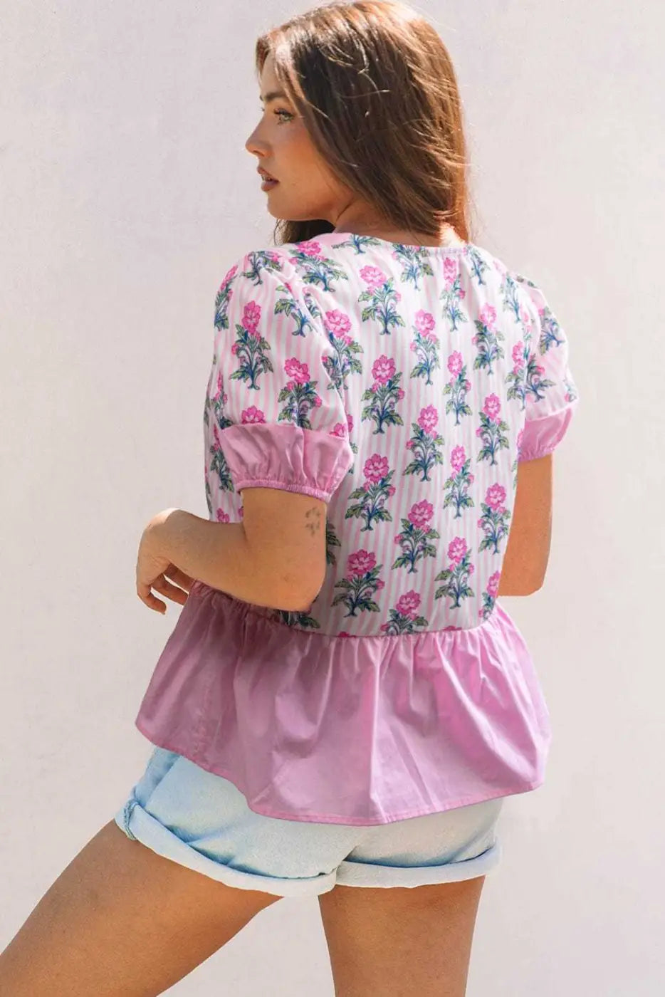 Rose Floral Patchwork V-Neck Peplum Blouse Women UK
