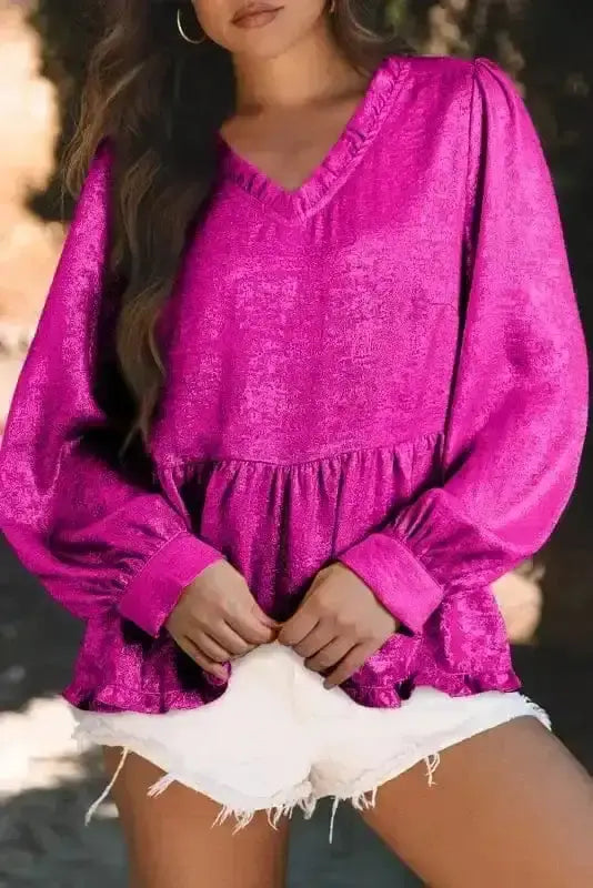 Pink Metallic Velvet Babydoll Puff Sleeve Blouse Women UK