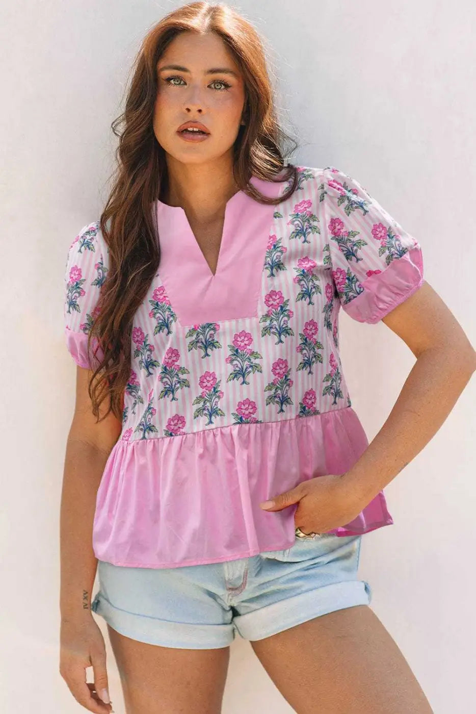 Rose Floral Patchwork V-Neck Peplum Blouse Women UK