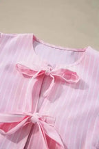 Pink Striped Puff Sleeve Ruffle Blouse Women UK | Spring