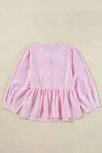 Pink Striped Puff Sleeve Ruffle Blouse Women UK | Spring