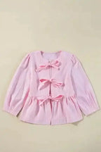 Pink Striped Puff Sleeve Ruffle Blouse Women UK | Spring
