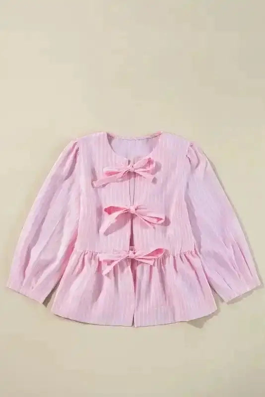 Pink Striped Puff Sleeve Ruffle Blouse Women UK | Spring