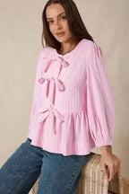 Pink Striped Puff Sleeve Ruffle Blouse Women UK | Spring