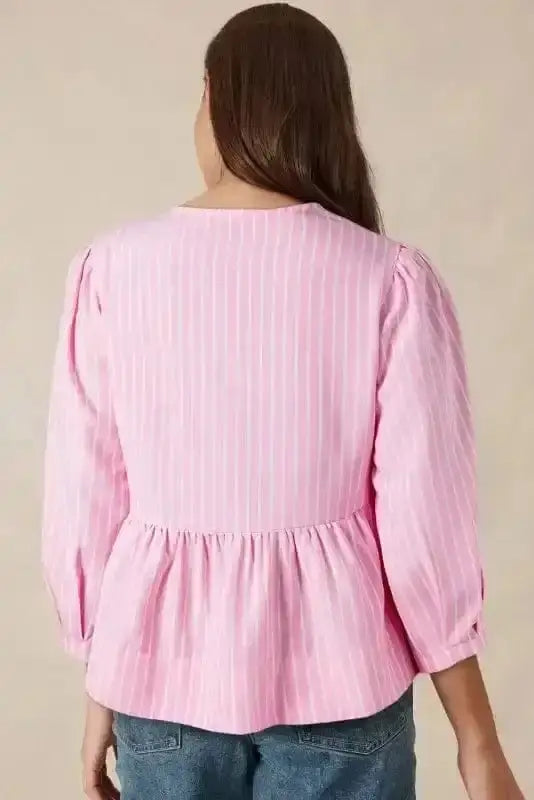 Pink Striped Puff Sleeve Ruffle Blouse Women UK | Spring