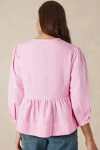 Pink Striped Puff Sleeve Ruffle Blouse Women UK | Spring