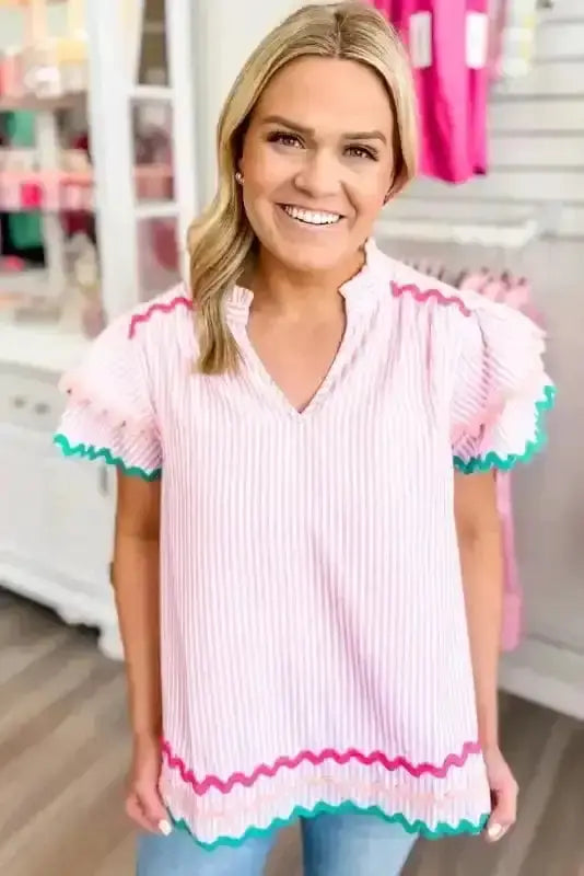Sky Blue Striped Ruffled Sleeve Blouse Women UK | Rick Rack