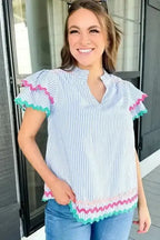Sky Blue Striped Ruffled Sleeve Blouse Women UK | Rick Rack